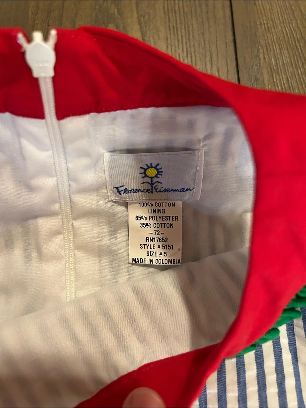Florence Eiseman Blue & White Striped Cotton Dress with Red & Green Accents